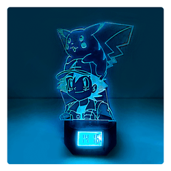 Lámpara Led Ash y Pikachu Base Reloj con Alarma